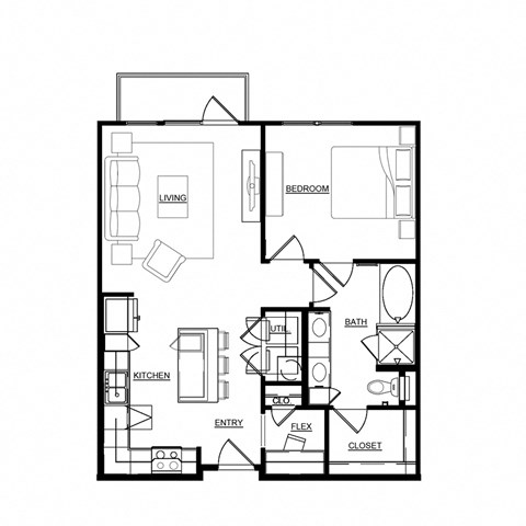Floor plan for 1 bed, 1 bath, 810 sqft